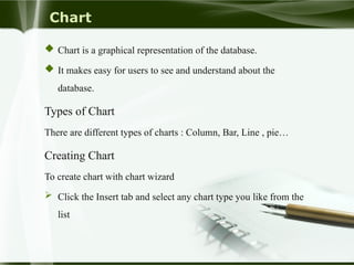 Chart
 Chart is a graphical representation of the database.
 It makes easy for users to see and understand about the
database.
Types of Chart
There are different types of charts : Column, Bar, Line , pie…
Creating Chart
To create chart with chart wizard
 Click the Insert tab and select any chart type you like from the
list
 