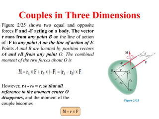Couples in Three Dimensions
Figure 2/25 shows two equal and opposite
forces F and -F acting on a body. The vector
r runs from any point B on the line of action
of -F to any point A on the line of action of F.
Points A and B are located by position vectors
rA and rB from any point O. The combined
moment of the two forces about O is
However, rA - rB = r, so that all
reference to the moment center O
disappears, and the moment of the
couple becomes
 