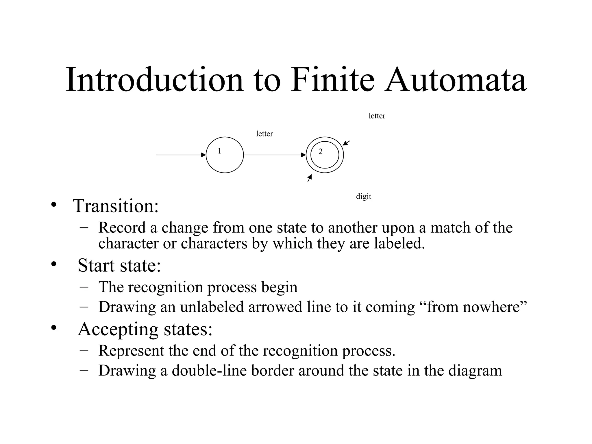 Introduction to Finite Automata Transition:  Record a change from one state to another upon a match of the character or characters by which they are labeled. Start state:  The recognition process begin Drawing an unlabeled arrowed line to it coming “from nowhere” Accepting states:  Represent the end of the recognition process. Drawing a double-line border around the state in the diagram letter 1 letter digit 2 