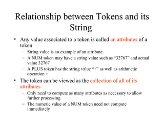 Relationship between Tokens and its String  Any value associated to a token is called  an attributes  of a token String value is an example of an attribute. A NUM token may have a string value such as “32767” and actual value 32767 A PLUS token has the string value “+” as well as arithmetic operation + The token can be viewed as the  collection of all of its attributes Only need to compute as many attributes as necessary to allow further processing The numeric value of a NUM token need not compute immediately 