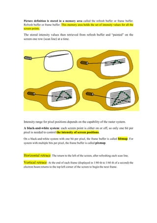Picture definition is stored in a memory area called the refresh buffer or frame buffer.
Refresh buffer or frame buffer: This memory area holds the set of intensity values for all the
screen points.
The stored intensity values then retrieved from refresh buffer and “painted” on the
screen one row (scan line) at a time.
Intensity range for pixel positions depends on the capability of the raster system.
A black-and-white system: each screen point is either on or off, so only one bit per
pixel is needed to control the intensity of screen positions.
On a black-and-white system with one bit per pixel, the frame buffer is called bitmap. For
system with multiple bits per pixel, the frame buffer is called pixmap.
Horizontal retrace: The return to the left of the screen,after refreshing each scan line.
Vertical retrace: At the end of each frame (displayed in 1/80 th to 1/60 th of a second) the
electron beam returns to the top left corner of the screen to begin the next frame.
 