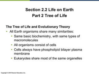 Copyright © 2010 Pearson Education, Inc.
Section 2.2 Life on Earth
Part 2 Tree of Life
The Tree of Life and Evolutionary Theory
 All Earth organisms share many similarities:
 Same basic biochemistry, with same types of
macromolecules
 All organisms consist of cells
 Cells always have phospholipid bilayer plasma
membrane
 Eukaryotes share most of the same organelles
 
