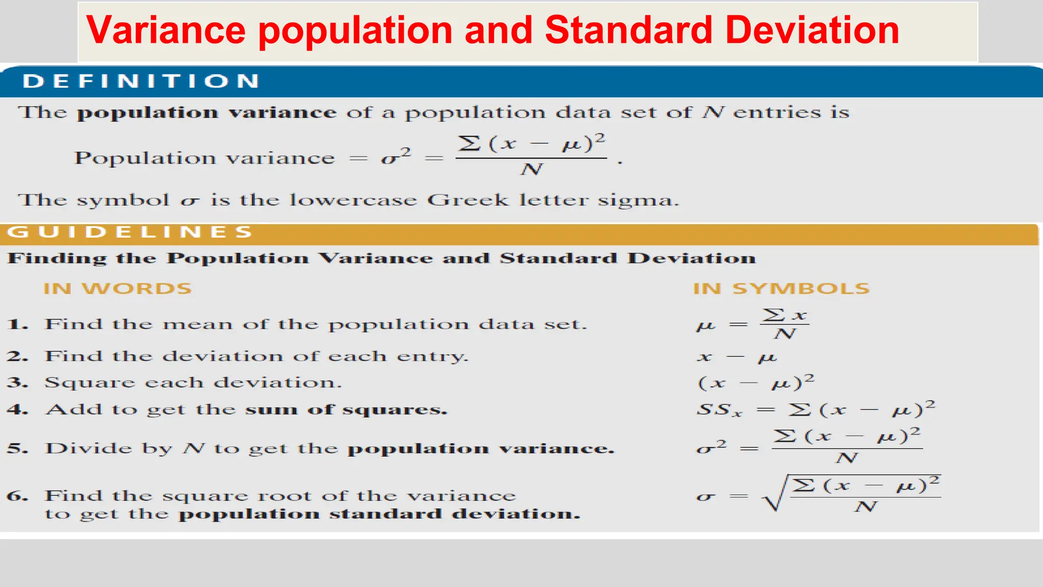 Variance population and Standard Deviation
 