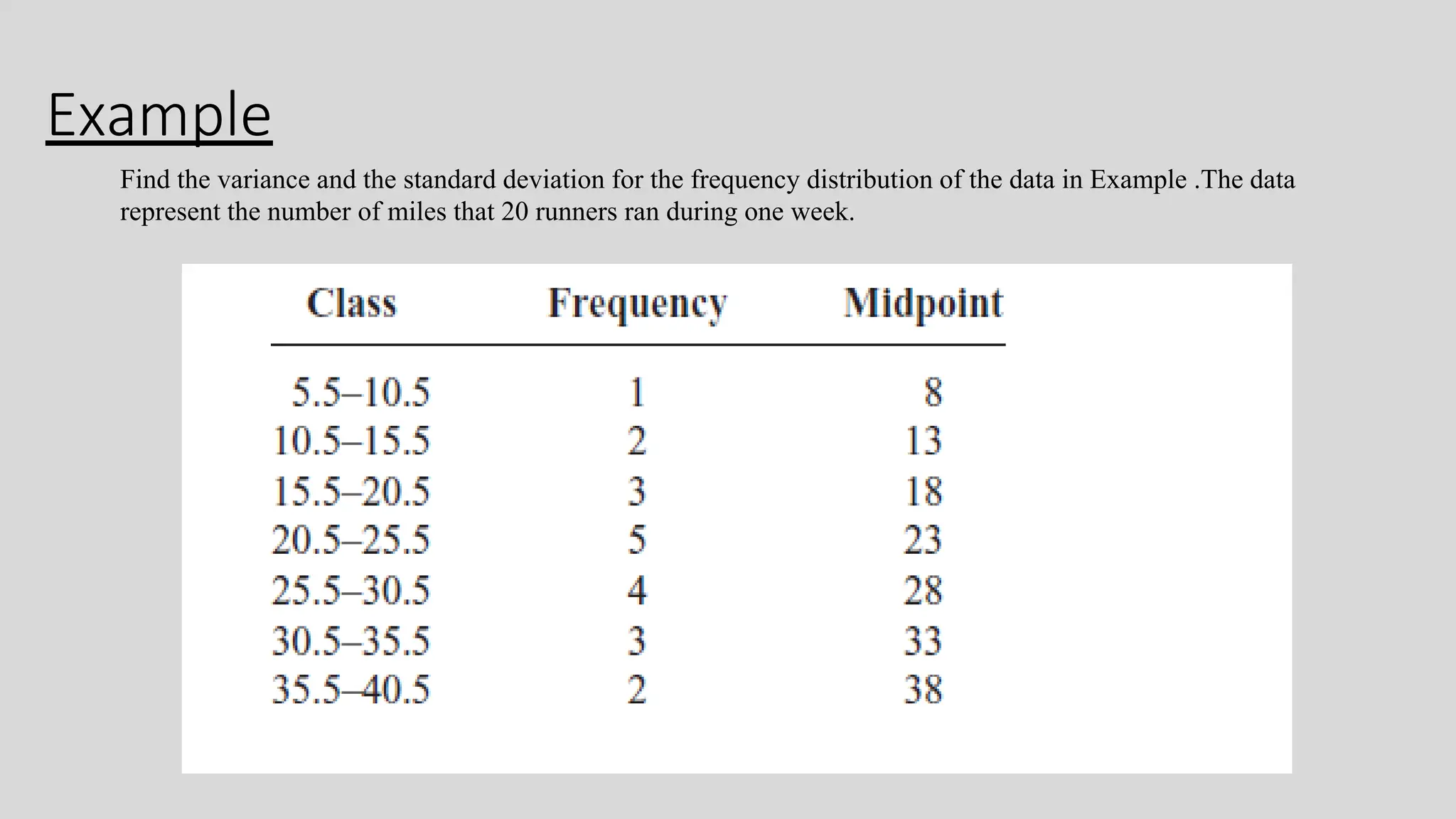 Example
Find the variance and the standard deviation for the frequency distribution of the data in Example .The data
represent the number of miles that 20 runners ran during one week.
 