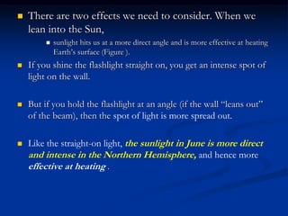  There are two effects we need to consider. When we
lean into the Sun,
 sunlight hits us at a more direct angle and is more effective at heating
Earth’s surface (Figure ).
 If you shine the flashlight straight on, you get an intense spot of
light on the wall.
 But if you hold the flashlight at an angle (if the wall “leans out”
of the beam), then the spot of light is more spread out.
 Like the straight-on light, the sunlight in June is more direct
and intense in the Northern Hemisphere, and hence more
effective at heating .
 
