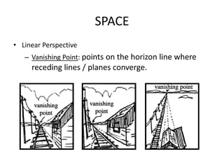 SPACE
• Linear Perspective
– Vanishing Point: points on the horizon line where
receding lines / planes converge.
 