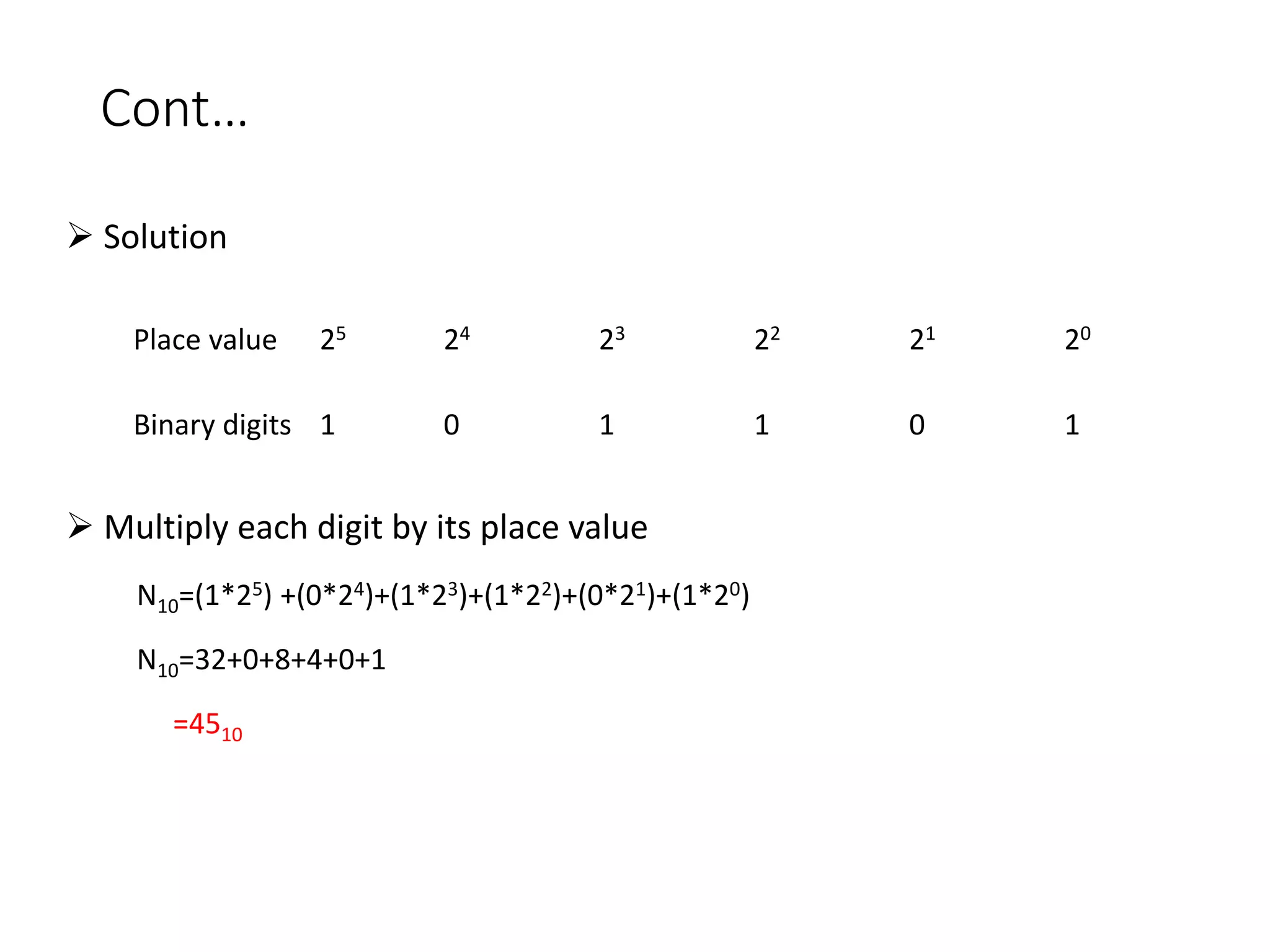 Cont…
 Solution
 Multiply each digit by its place value
N10=(1*25) +(0*24)+(1*23)+(1*22)+(0*21)+(1*20)
N10=32+0+8+4+0+1
=4510
Place value 25 24 23 22 21 20
Binary digits 1 0 1 1 0 1
 