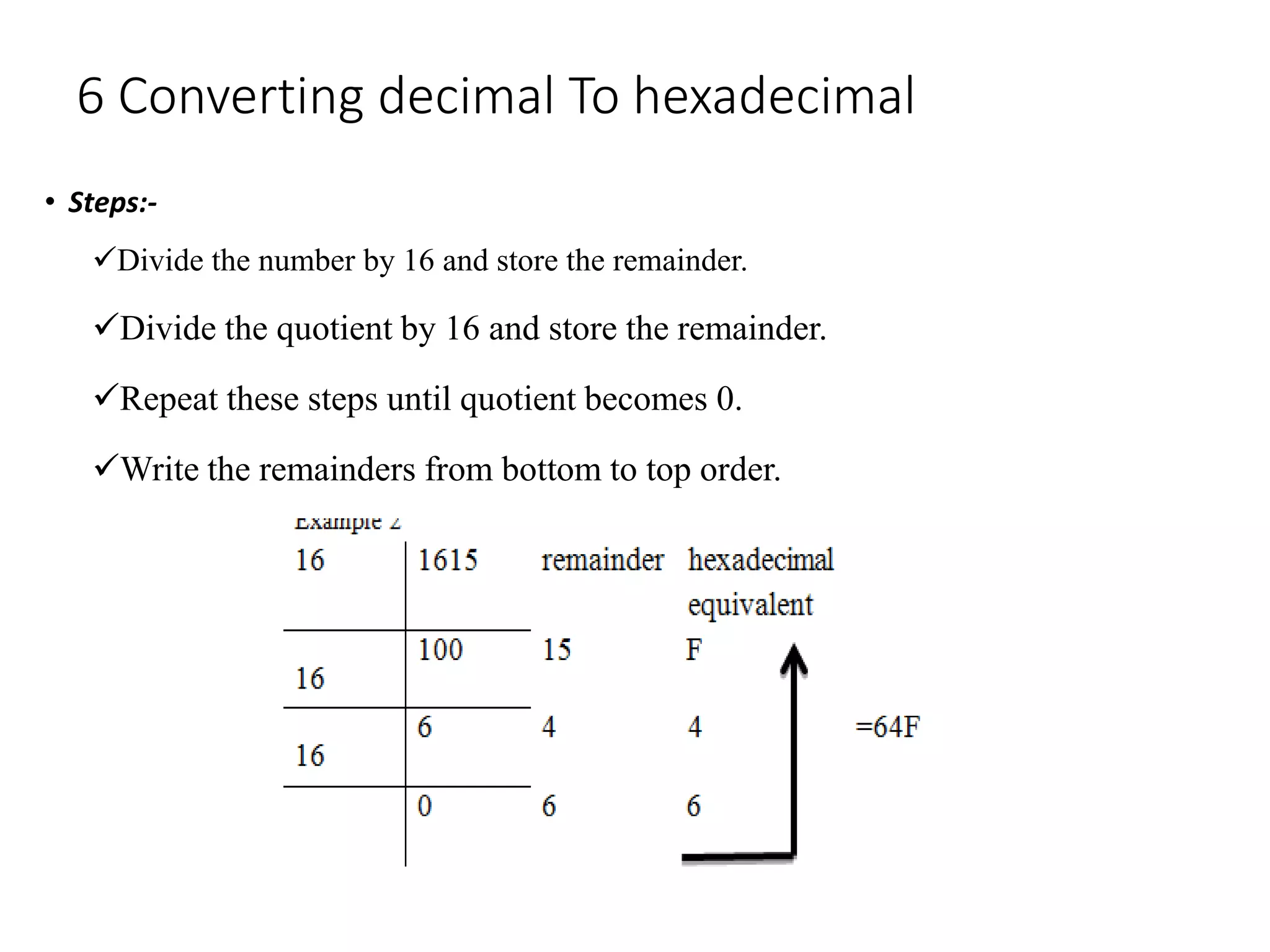 6 Converting decimal To hexadecimal
• Steps:-
Divide the number by 16 and store the remainder.
Divide the quotient by 16 and store the remainder.
Repeat these steps until quotient becomes 0.
Write the remainders from bottom to top order.
 