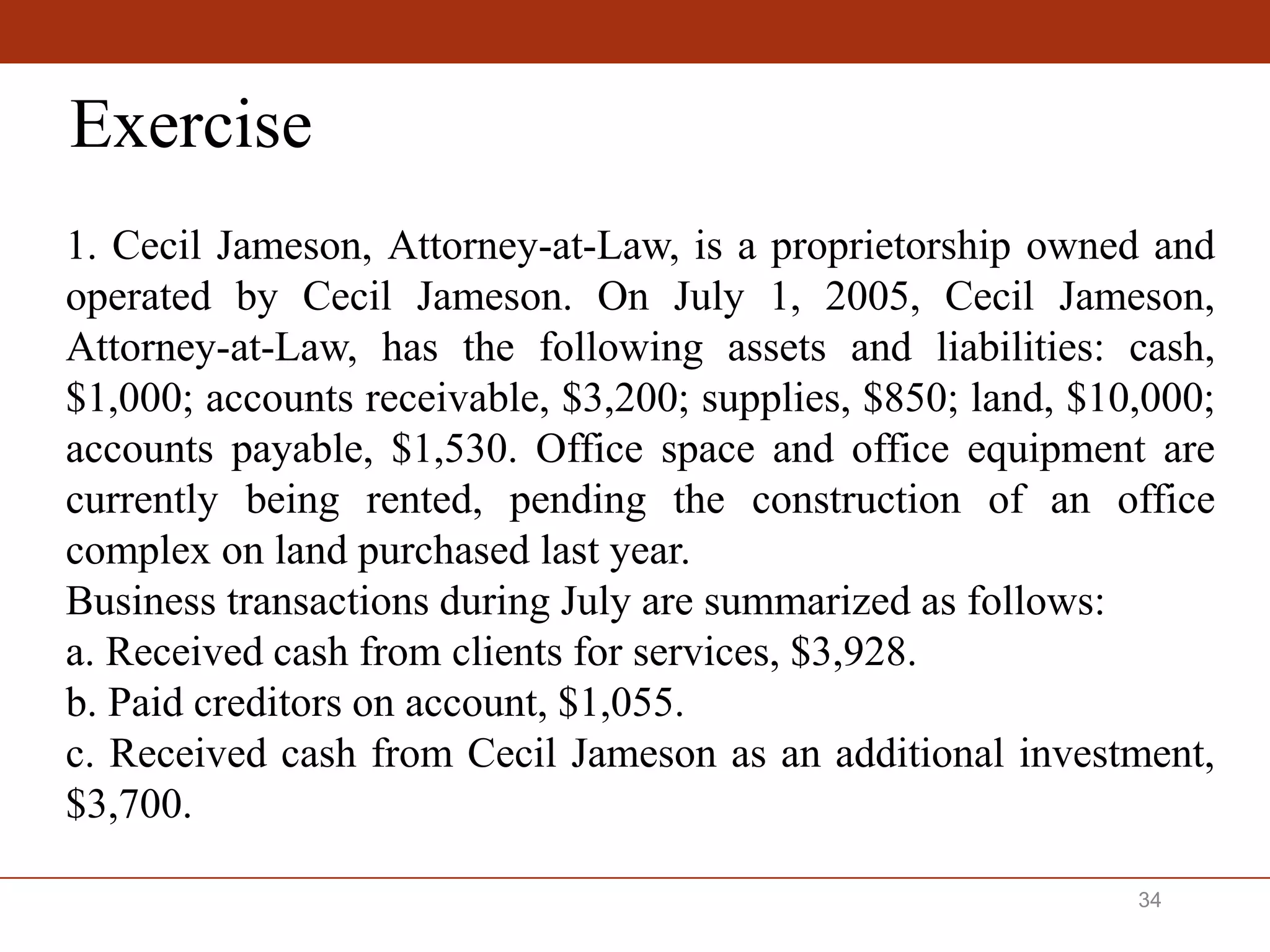 34
1. Cecil Jameson, Attorney-at-Law, is a proprietorship owned and
operated by Cecil Jameson. On July 1, 2005, Cecil Jameson,
Attorney-at-Law, has the following assets and liabilities: cash,
$1,000; accounts receivable, $3,200; supplies, $850; land, $10,000;
accounts payable, $1,530. Office space and office equipment are
currently being rented, pending the construction of an office
complex on land purchased last year.
Business transactions during July are summarized as follows:
a. Received cash from clients for services, $3,928.
b. Paid creditors on account, $1,055.
c. Received cash from Cecil Jameson as an additional investment,
$3,700.
Exercise
 