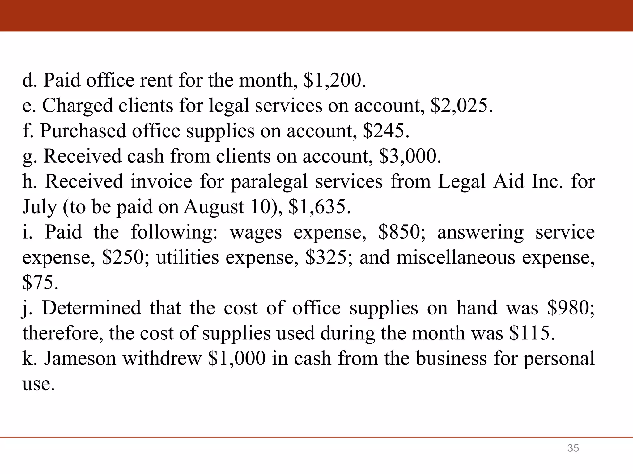 35
d. Paid office rent for the month, $1,200.
e. Charged clients for legal services on account, $2,025.
f. Purchased office supplies on account, $245.
g. Received cash from clients on account, $3,000.
h. Received invoice for paralegal services from Legal Aid Inc. for
July (to be paid on August 10), $1,635.
i. Paid the following: wages expense, $850; answering service
expense, $250; utilities expense, $325; and miscellaneous expense,
$75.
j. Determined that the cost of office supplies on hand was $980;
therefore, the cost of supplies used during the month was $115.
k. Jameson withdrew $1,000 in cash from the business for personal
use.
 