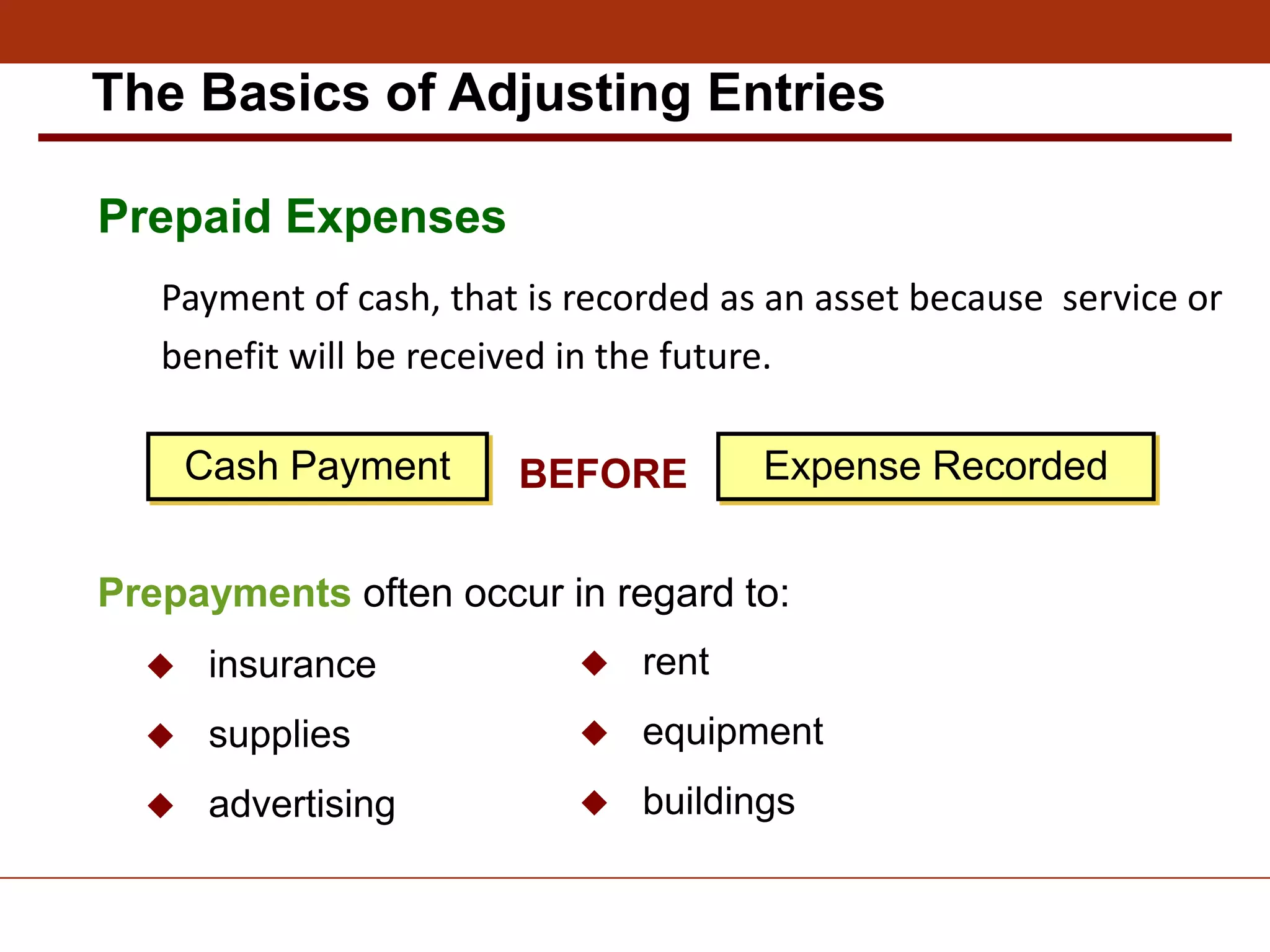 Payment of cash, that is recorded as an asset because service or
benefit will be received in the future.
 insurance
 supplies
 advertising
Cash Payment Expense Recorded
BEFORE
 rent
 equipment
 buildings
Prepayments often occur in regard to:
The Basics of Adjusting Entries
Prepaid Expenses
 
