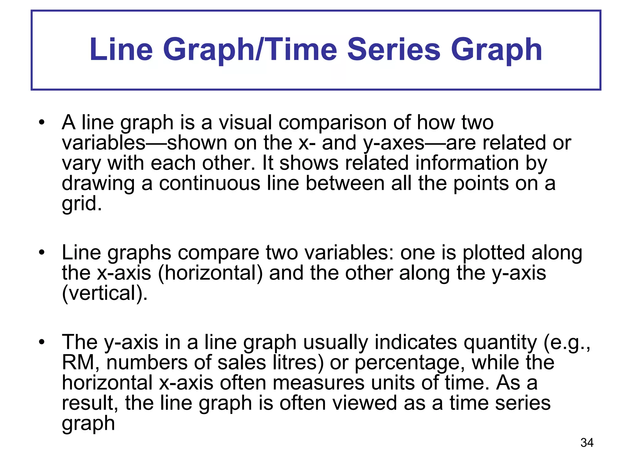 Line Graph/Time Series Graph
• A line graph is a visual comparison of how two
variables—shown on the x- and y-axes—are related or
vary with each other. It shows related information by
drawing a continuous line between all the points on a
grid.
• Line graphs compare two variables: one is plotted along
the x-axis (horizontal) and the other along the y-axis
(vertical).
• The y-axis in a line graph usually indicates quantity (e.g.,
RM, numbers of sales litres) or percentage, while the
horizontal x-axis often measures units of time. As a
result, the line graph is often viewed as a time series
graph
34
 