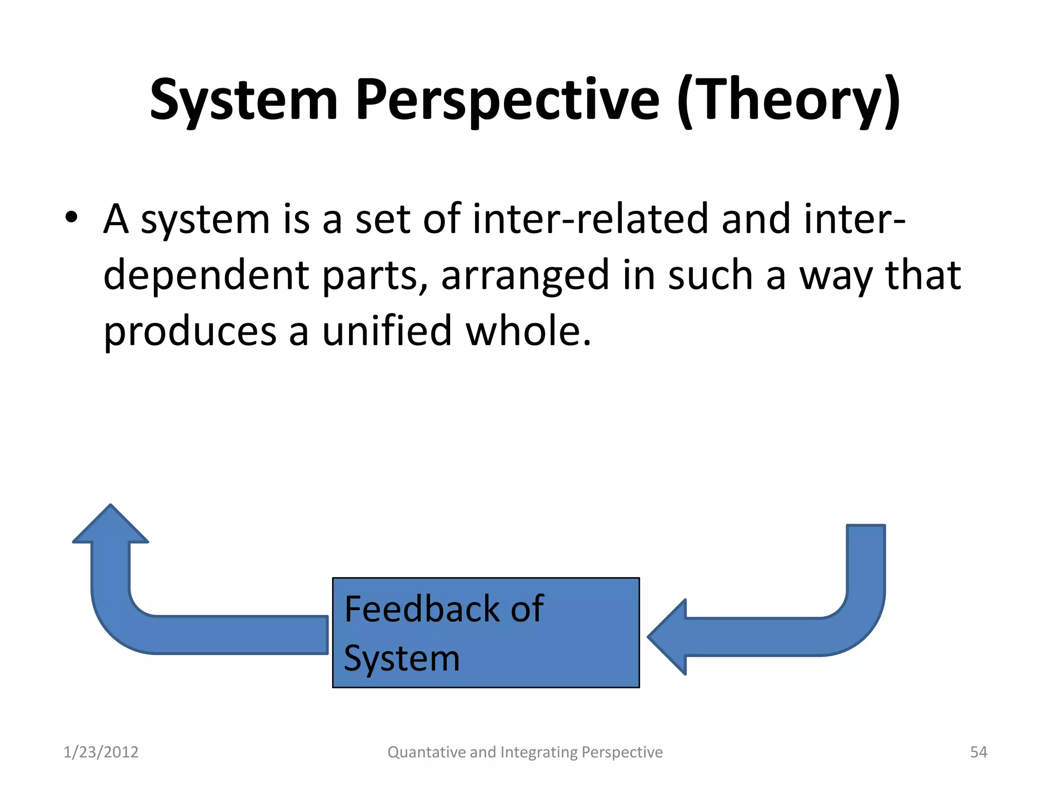 System Perspective (Theory)
• A system is a set of inter-related and inter-
  dependent parts, arranged in such a way that
  produces a unified whole.




                  Feedback of
                  System

1/23/2012           Quantative and Integrating Perspective   54
 