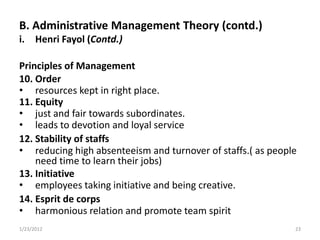 B. Administrative Management Theory (contd.)
i. Henri Fayol (Contd.)

Principles of Management
10. Order
• resources kept in right place.
11. Equity
• just and fair towards subordinates.
• leads to devotion and loyal service
12. Stability of staffs
• reducing high absenteeism and turnover of staffs.( as people
    need time to learn their jobs)
13. Initiative
• employees taking initiative and being creative.
14. Esprit de corps
• harmonious relation and promote team spirit
1/23/2012                                                    23
 