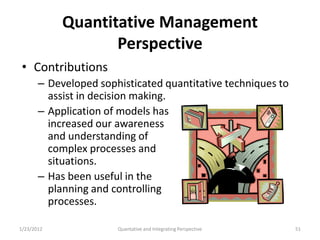 Quantitative Management
                   Perspective
 • Contributions
       – Developed sophisticated quantitative techniques to
         assist in decision making.
       – Application of models has
         increased our awareness
         and understanding of
         complex processes and
         situations.
       – Has been useful in the
         planning and controlling
         processes.

1/23/2012              Quantative and Integrating Perspective   51
 