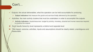 Con’t…
 Outputs: the actual deliverables; what the operation can be held accountable for producing
 Output indicators that measure the goods and services finally delivered by the operation
 Activities: the main activity clusters that must be undertaken in order to accomplish the outputs
 Activity indicators: Inputs/resources: budget by activity; monetary, physical and human resources required
to produce the outputs
 Each results hierarchy level represents a distinct and separate level
 The impact, outcome, activities, inputs and assumptions should be clearly stated, unambiguous and
measurable.
 