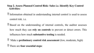 Step 2. Assess Planned Control Risk- Sales i.e. Identify Key Control
Activities:
 Information obtained in understanding internal control is used to assess
control risk. i.e.
 Based on the understanding of internal controls, the auditor assesses
how much they can rely on controls to prevent or detect errors. This
influences how much substantive testing is needed.
 Make a preliminary control risk assessment (low, moderate, high)
 There are four essential steps:
 