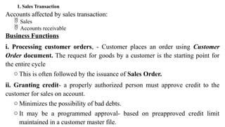 1. Sales Transaction
Accounts affected by sales transaction:
 Sales
 Accounts receivable
Business Functions
i. Processing customer orders, - Customer places an order using Customer
Order document. The request for goods by a customer is the starting point for
the entire cycle
o This is often followed by the issuance of Sales Order.
ii. Granting credit- a properly authorized person must approve credit to the
customer for sales on account.
o Minimizes the possibility of bad debts.
o It may be a programmed approval- based on preapproved credit limit
maintained in a customer master file.
 