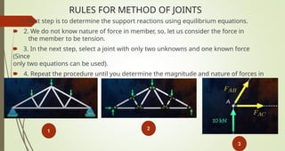 RULES FOR METHOD OF JOINTS
1. First step is to determine the support reactions using equilibrium equations.
🠶 2. We do not know nature of force in member, so, let us consider the force in
the member to be tension.
🠶 3. In the next step, select a joint with only two unknowns and one known force
(Since
only two equations can be used).
🠶 4. Repeat the procedure until you determine the magnitude and nature of forces in
all the members.
1 2
3
 