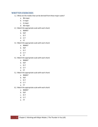 WRITTEN EXERCISES 
    1.) What are the modes that can be derived from these major scales? 
           a. Bb major 
           b. E major 
           c. A major 
           d. Ab major 
    2.) Match the appropriate scale with each chord: 
           a. BbMA7 
           b. Eb7 
           c. D‐7 
           d. C‐7 
           e. F7 
    3.) Match the appropriate scale with each chord: 
           a. BbMA7 
           b. Eb7 
           c. D‐7 
           d. C‐7 
           e. F7 
    4.) Match the appropriate scale with each chord: 
           a. BbMA7 
           b. Eb7 
           c. D‐7 
           d. C‐7 
           e. F7 
    5.) Match the appropriate scale with each chord: 
           a. BbMA7 
           b. Eb7 
           c. D‐7 
           d. C‐7 
           e. F7 
    6.) Match the appropriate scale with each chord: 
           a. BbMA7 
           b. Eb7 
           c. D‐7 
           d. C‐7 
           e. F7 
 




      7  Chapter 2: Working with Major Modes | The Thunder In You (v9) 
 
 