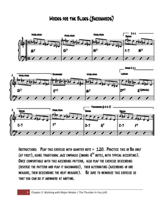  

Instructions: Play this exercise with quarter note = 120. Practice this in Bb only
(at first), using traditional jazz emphasis (swung 8th notes, with typical accenting).
Once comfortable with this ascending pattern, also play the exercise descending
(reverse the pattern and play it backwards), then alternating (ascending in one
measure, then descending the next measure). Be sure to memorize this exercise so
that you can do it anywhere at anytime.
 

     9  Chapter 2: Working with Major Modes | The Thunder In You (v9) 
 
 
