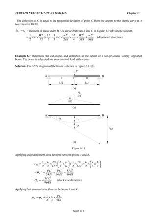 TCBE1201 STRENGTH OF MATERIALS Chapter V
The deflection at C is equal to the tangential deviation of point C from the tangent to the elastic curve at A
(see Figure 6.10(d)).
CAC t=∆ = moment of areas under M / EI curves between A and C in Figures 6.10(b) and (c) about C
EI
wL
EI
WLL
EI
wL
L
L
EI
WL
L
834
3
23
1
3
2
2
1 432
+=×××+×××= (downward direction)
Example 6.7 Determine the end-slopes and deflection at the center of a non-prismatic simply supported
beam. The beam is subjected to a concentrated load at the center.
Solution: The M/EI diagram of the beam is shown in Figure 6.11(b).
A B
P
C
L/2 L/2
(a)
(b)
PL
4EI
A B
C
tCA
A
tBA
(c)
I 2I
PL
8EI
Figure 6.11
Applying second moment-area theorem between points A and B,
EI
PL
EI
PL
EI
PL
L
LL
EI
PLLL
EI
PLL
t
A
BA
96
5
9624
23
2
282
1
62422
1
333
=+=−






××××+





+××=
θ
EI
PL
A
96
5 2
−=θ (clockwise direction)
Applying first moment area theorem between A and C .
EI
PLL
AC
422
1
××=−θθ
Page 5 of 8
 