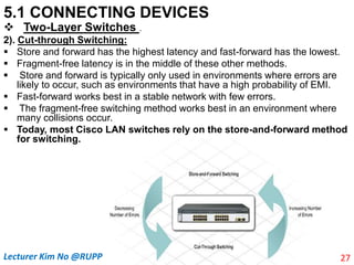 5.1 CONNECTING DEVICES
 Two-Layer Switches .
2). Cut-through Switching:
 Store and forward has the highest latency and fast-forward has the lowest.
 Fragment-free latency is in the middle of these other methods.
 Store and forward is typically only used in environments where errors are
likely to occur, such as environments that have a high probability of EMI.
 Fast-forward works best in a stable network with few errors.
 The fragment-free switching method works best in an environment where
many collisions occur.
 Today, most Cisco LAN switches rely on the store-and-forward method
for switching.
27
Lecturer Kim No @RUPP
 