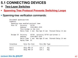 5.1 CONNECTING DEVICES
 Two-Layer Switches
 Spanning Tree Protocol Prevents Switching Loops
 Spanning-tree verification commands:
47
Lecturer Kim No @RUPP
 