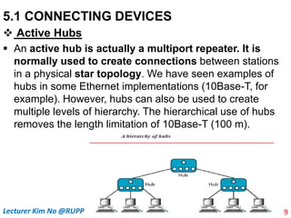 5.1 CONNECTING DEVICES
 Active Hubs
 An active hub is actually a multiport repeater. It is
normally used to create connections between stations
in a physical star topology. We have seen examples of
hubs in some Ethernet implementations (10Base-T, for
example). However, hubs can also be used to create
multiple levels of hierarchy. The hierarchical use of hubs
removes the length limitation of 10Base-T (100 m).
9
Lecturer Kim No @RUPP
 