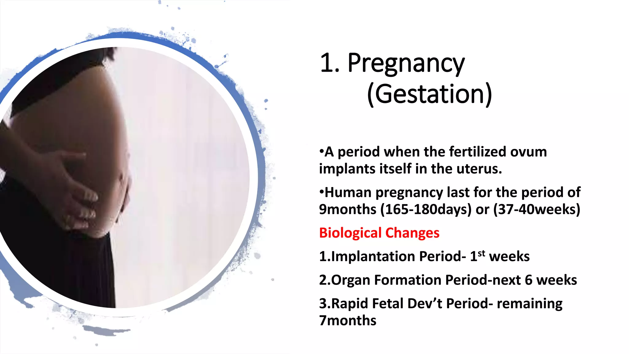 1. Pregnancy
(Gestation)
•A period when the fertilized ovum
implants itself in the uterus.
•Human pregnancy last for the period of
9months (165-180days) or (37-40weeks)
Biological Changes
1.Implantation Period- 1st weeks
2.Organ Formation Period-next 6 weeks
3.Rapid Fetal Dev’t Period- remaining
7months
 