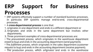 11/26/2024 BBA-5th BIS Unit-6 39
ERP Support for Business
Processes
• ERP systems effectively support a number of standard business processes.
In particular, ERP systems manage end-to-end, cross-departmental
processes.
• A cross-departmental process is one that:
1. originates in one department and ends in a different department or
2. Originates and ends in the same department but involves other
departments.
3. Three prominent examples of cross-departmental processes are:
• The procurement process, which originates in the warehouse department
(need to buy) and ends in the accounting department (send payment).
• The fulfillment process, which originates in the sales department (customer
request to buy) and ends in the accounting department (receive payment).
• The production process, which originates and ends in the warehouse
 