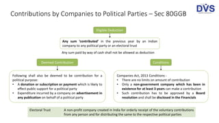 Contributions by Companies to Political Parties – Sec 80GGB
Eligible Deduction
Any sum ‘contributed’ in the previous year by an Indian
company to any political party or an electoral trust
Any sum paid by way of cash shall not be allowed as deduction
Deemed Contribution
Following shall also be deemed to be contribution for a
political purpose:
• A donation or subscription or payment which is likely to
effect public support for a political party
• Expenditure incurred by a company on advertisement in
any publication on behalf of a political party
Conditions
Companies Act, 2013 Conditions -
• There are no limits on amount of contribution
• Only a non-government company which has been in
existence for at least 3 years can make a contribution
• Such contribution has to be approved by a Board
resolution and shall be disclosed in the Financials
Electoral Trust A non-profit company created in India for orderly receipt of the voluntary contributions
from any person and for distributing the same to the respective political parties
 