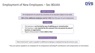 Employment of New Employees – Sec 80JJAA
Eligible Deduction
30% of the additional employee cost for 3 AYs from the year of such employment
On Employment of a person by a business of an assessee subject to tax audit,
• The business is not formed by way of splitting up or reconstruction
• The business is not acquired by the assessee from any person by way of
business re-organisation
• Report of Accountant in Form 10DA is filed
Conditions
Additional Employee Cost
Total emoluments* paid or payable to additional employees employed during the previous year
* Any sum paid or payable to an employee for his employment excluding PF contributions and compensation on termination
 