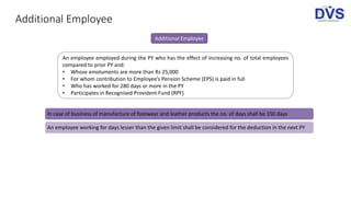 Additional Employee
Additional Employee
An employee employed during the PY who has the effect of increasing no. of total employees
compared to prior PY and:
• Whose emoluments are more than Rs 25,000
• For whom contribution to Employee’s Pension Scheme (EPS) is paid in full
• Who has worked for 280 days or more in the PY
• Participates in Recognised Provident Fund (RPF)
In case of business of manufacture of footwear and leather products the no. of days shall be 150 days
An employee working for days lesser than the given limit shall be considered for the deduction in the next PY
 