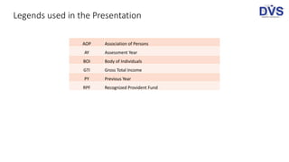 Legends used in the Presentation
AOP Association of Persons
AY Assessment Year
BOI Body of Individuals
GTI Gross Total Income
PY Previous Year
RPF Recognized Provident Fund
 