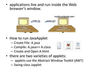 • applications live and run inside the Web
browser’s window.
• How to run JavaApplet
– Create File: A.java
– Compile: A.java=> A.class
– Create and Open A.html
• there are two varieties of applets:
– applets use the Abstract Window Toolkit (AWT)
– Swing class Japplet
 