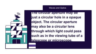 Electromagnetic
Waves and its
Behavior
The circular aperture may be
just a circular hole in a opaque
object. The circular aperture
may also be a circular lens
through which light could pass
such as in the viewing tube of a
telescope or microscope.
Waves and Optics
 