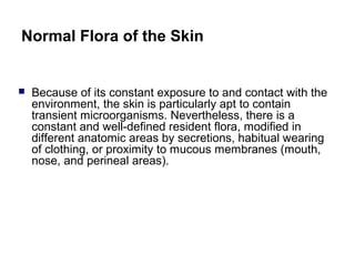 Normal Flora of the Skin
 Because of its constant exposure to and contact with the
environment, the skin is particularly apt to contain
transient microorganisms. Nevertheless, there is a
constant and well-defined resident flora, modified in
different anatomic areas by secretions, habitual wearing
of clothing, or proximity to mucous membranes (mouth,
nose, and perineal areas).
 