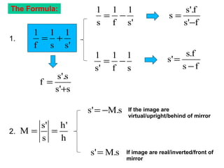 The Formula:
's
1
s
1
f
1
+=
's
1
f
1
s
1
−=
s
1
f
1
's
1
−=
f's
f'.s
s
−
=
fs
f.s
's
−
=
s's
s'.s
f
+
=
1.
2.
h
'h
s
's
M ==
s.M's −=
s.M's =
If the image are
virtual/upright/behind of mirror
If image are real/inverted/front of
mirror
 