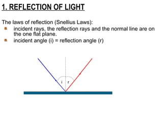 The laws of reflection (Snellius Laws):
incident rays, the reflection rays and the normal line are on
the one flat plane.
incident angle (i) = reflection angle (r)
i
1. REFLECTION OF LIGHT
r
N
i
i
r
 