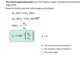 • The critical angle/sudut batas ( ic ): The incidence angle to produce the refraction
angle of 90o
.
• Based on Snellius Law the critical angle can be found:
n2 < n1





=
=
=
=
−
1
21
c
1
2
c
o
2c1
21
n
n
sini
n
n
isin
90sinnisinn
rsinnisinn
n1 : The refraction index of medium 1
n2 : The refraction index of medium 2
ic : The critical angle
 