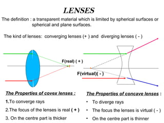 LENSES
The definition : a transparent material which is limited by spherical surfaces or
spherical and plane surfaces.
The kind of lenses: converging lenses (+ ) and diverging lenses ( - )
F(virtual)( - )
F(real) ( + )
The Properties of covex lenses :
1.To converge rays
2.The focus of the lenses is real ( + )
3. On the centre part is thicker
The Properties of concave lenses :
• To diverge rays
• The focus the lenses is virtual ( - )
• On the centre part is thinner
 
