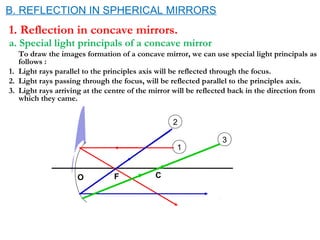 1. Reflection in concave mirrors.
a. Special light principals of a concave mirror
To draw the images formation of a concave mirror, we can use special light principals as
follows :
1. Light rays parallel to the principles axis will be reflected through the focus.
2. Light rays passing through the focus, will be reflected parallel to the principles axis.
3. Light rays arriving at the centre of the mirror will be reflected back in the direction from
which they came.
1
2
3
CFO
B. REFLECTION IN SPHERICAL MIRRORS
 