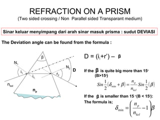 REFRACTION ON A PRISM
(Two sided crossing / Non Parallel sided Transparant medium)
D = (i1+r’) –
If the is quite big more than 15o
(B>15o
)
If the is smaller than 15 o
(B < 15o
):
The formula is;
( ) ( )ββδ
2
1
2
1
min Sin
n
n
Sin
kel
p
=+
N1
N2
β
i1 r2
Sinar keluar menyimpang dari arah sinar masuk prisma : sudut DEVIASI
β
βδ 





−= 1min
kel
p
n
n
The Deviation angle can be found from the formula :
D
np
nkel
β
β
i1
 