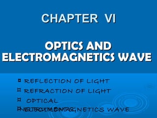 CHAPTER VICHAPTER VI
OPTICS ANDOPTICS AND
ELECTROMAGNETICS WAVEELECTROMAGNETICS WAVE
¤ REFLECTION OF LIGHT
¤ REFRACTION OF LIGHT
¤ OPTICAL
INSTRUMENTS¤ ELECTROMAGNETICS WAVE
 