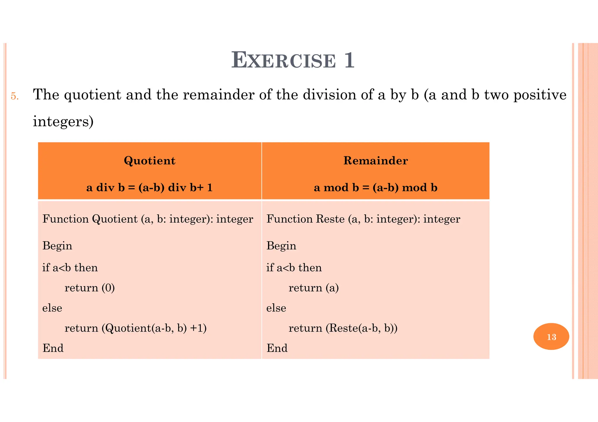 13 5. The quotient and the remainder of the division of a by b (a and b two positive integers) Quotient a div b = (a-b) div b+ 1 Remainder a mod b = (a-b) mod b Function Quotient (a, b: integer): integer Begin if a<b then return (0) else return (Quotient(a-b, b) +1) End Function Reste (a, b: integer): integer Begin if a<b then return (a) else return (Reste(a-b, b)) End EXERCISE 1 