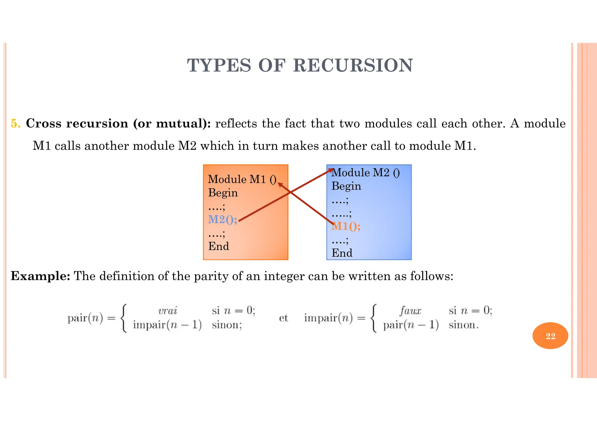22 5. Cross recursion (or mutual): reflects the fact that two modules call each other. A module M1 calls another module M2 which in turn makes another call to module M1. Example: The definition of the parity of an integer can be written as follows: TYPES OF RECURSION Module M1 () Begin ….; M2(); ….; End Module M2 () Begin ….; …..; M1(); ….; End 