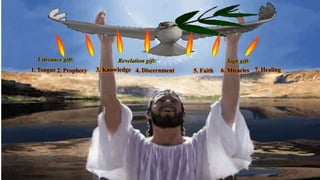 Utterance gift:
1. Tongue 2. Prophecy
Revelation gift:
3. Knowledge 4. Discernment
Sign gift:
5. Faith 6. Miracles 7. Healing
 