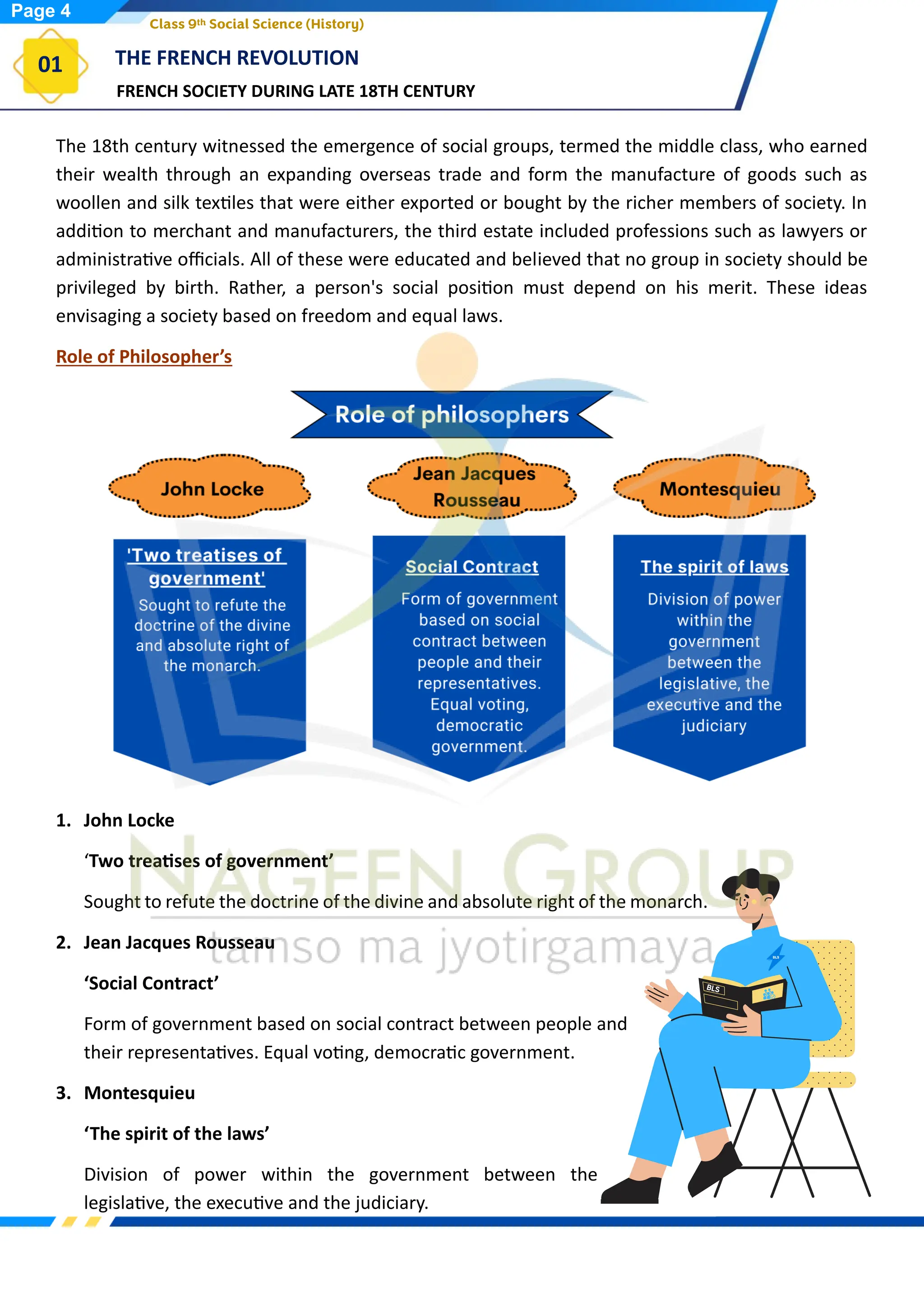 FRENCH SOCIETY DURING LATE 18TH CENTURY
THE FRENCH REVOLUTION
01
Class 9th Social Science (History)
The 18th century witnessed the emergence of social groups, termed the middle class, who earned
their wealth through an expanding overseas trade and form the manufacture of goods such as
woollen and silk textiles that were either exported or bought by the richer members of society. In
addition to merchant and manufacturers, the third estate included professions such as lawyers or
administrative officials. All of these were educated and believed that no group in society should be
privileged by birth. Rather, a person's social position must depend on his merit. These ideas
envisaging a society based on freedom and equal laws.
Role of Philosopher’s
1. John Locke
‘Two treatises of government’
Sought to refute the doctrine of the divine and absolute right of the monarch.
2. Jean Jacques Rousseau
‘Social Contract’
Form of government based on social contract between people and
their representatives. Equal voting, democratic government.
3. Montesquieu
‘The spirit of the laws’
Division of power within the government between the
legislative, the executive and the judiciary.
Page 4
 