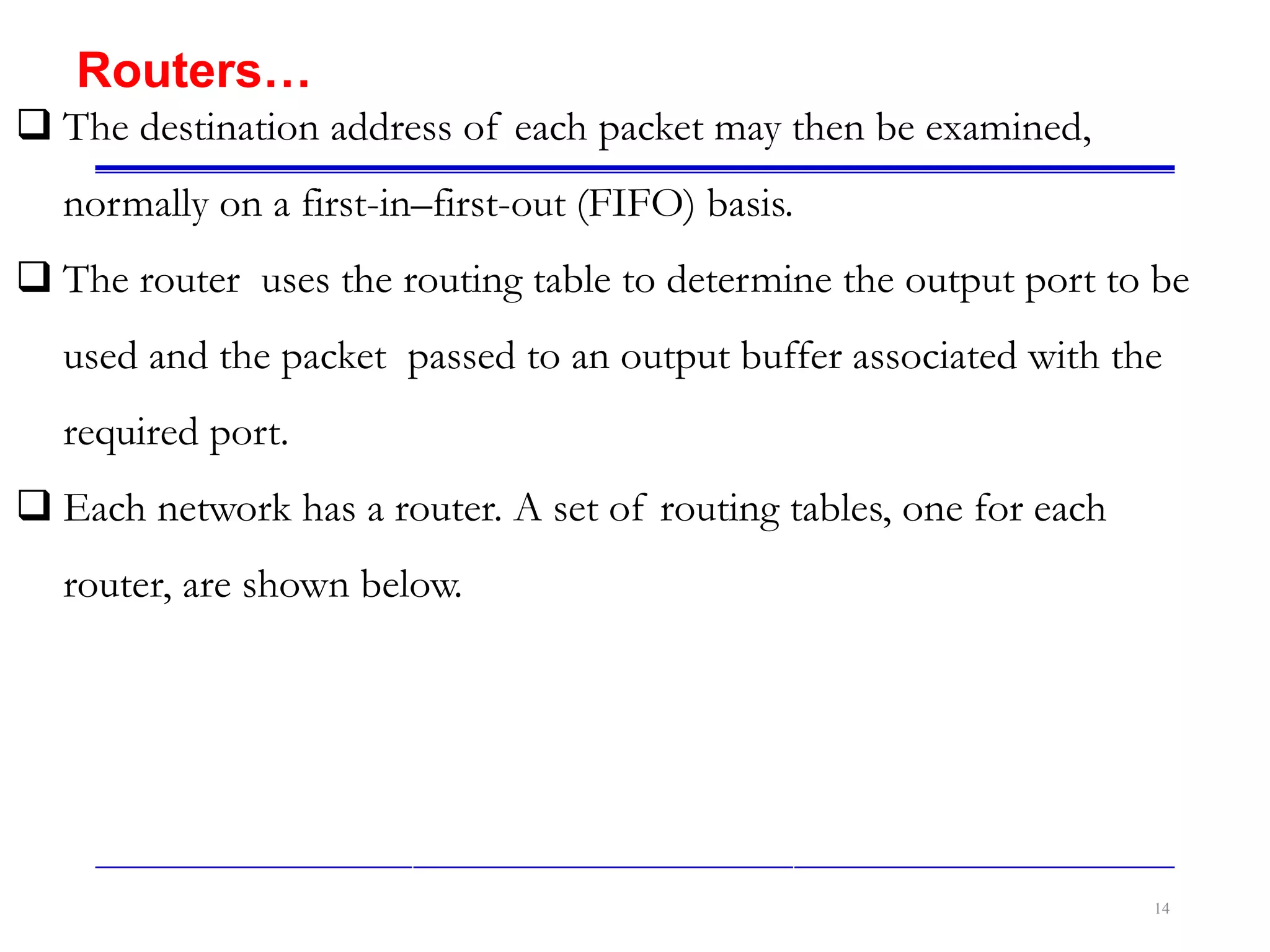 14
Routers…
 The destination address of each packet may then be examined,
normally on a first-in–first-out (FIFO) basis.
 The router uses the routing table to determine the output port to be
used and the packet passed to an output buffer associated with the
required port.
 Each network has a router. A set of routing tables, one for each
router, are shown below.
 